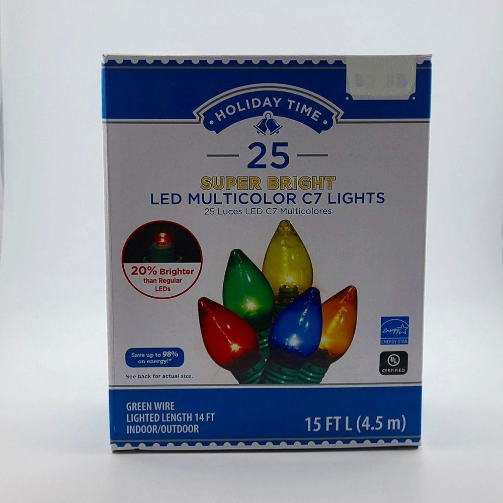 25-Count Multicolor Ultra Bright LED C7 Christmas Lights w/Green Wire 15' inch